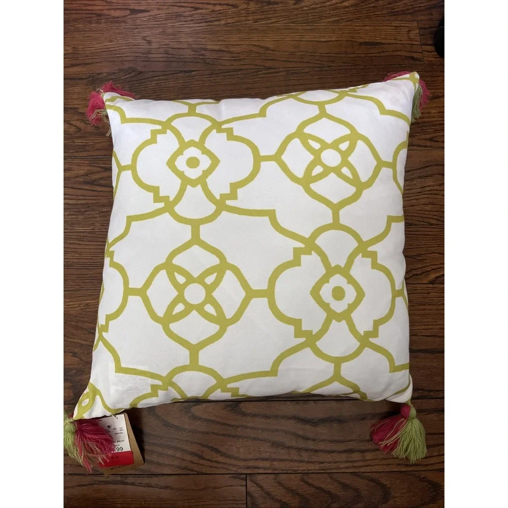 Janeen Home Boho Beetle Accent Pillow Raffia Embroidered Tassel Pink Green 18